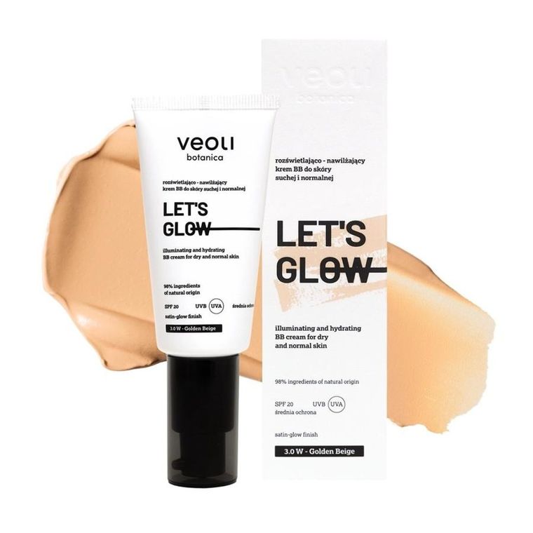 Veoli Botanica, Let's Glow, rozświetlająco-nawilżający krem BB do skóry suchej i normalnej, 3.0 W Golden Beige, 30 ml