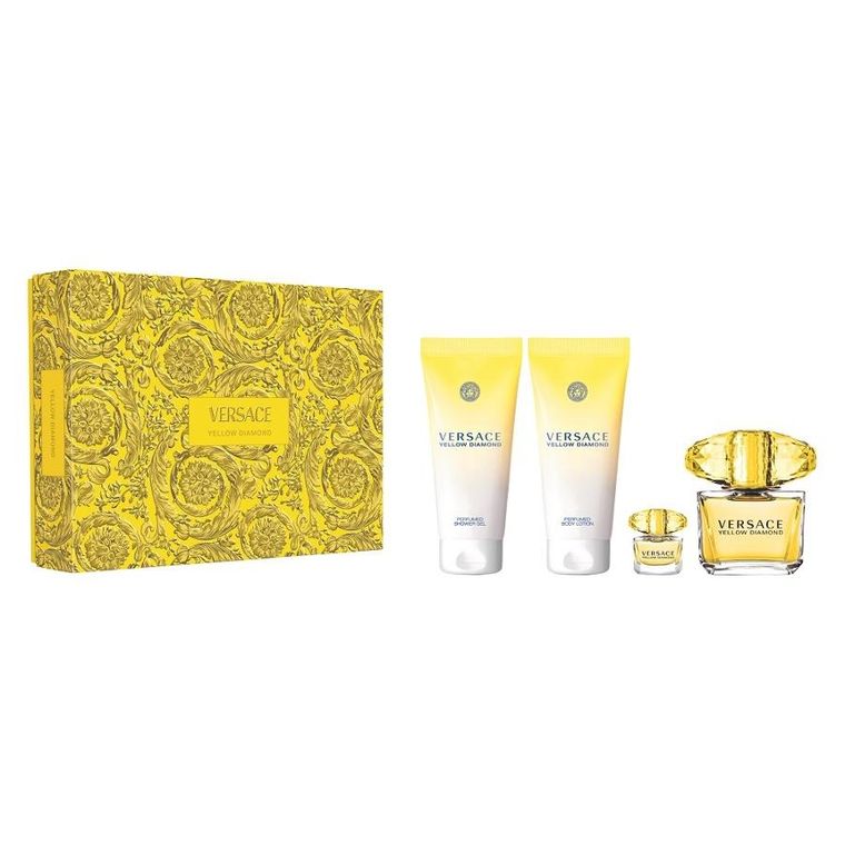 Versace, Yellow Diamond zestaw, woda toaletowa spray, 90 ml + balsam do ciała, 100 ml + żel pod prysznic, 100 ml + woda toaletowa, 5 ml