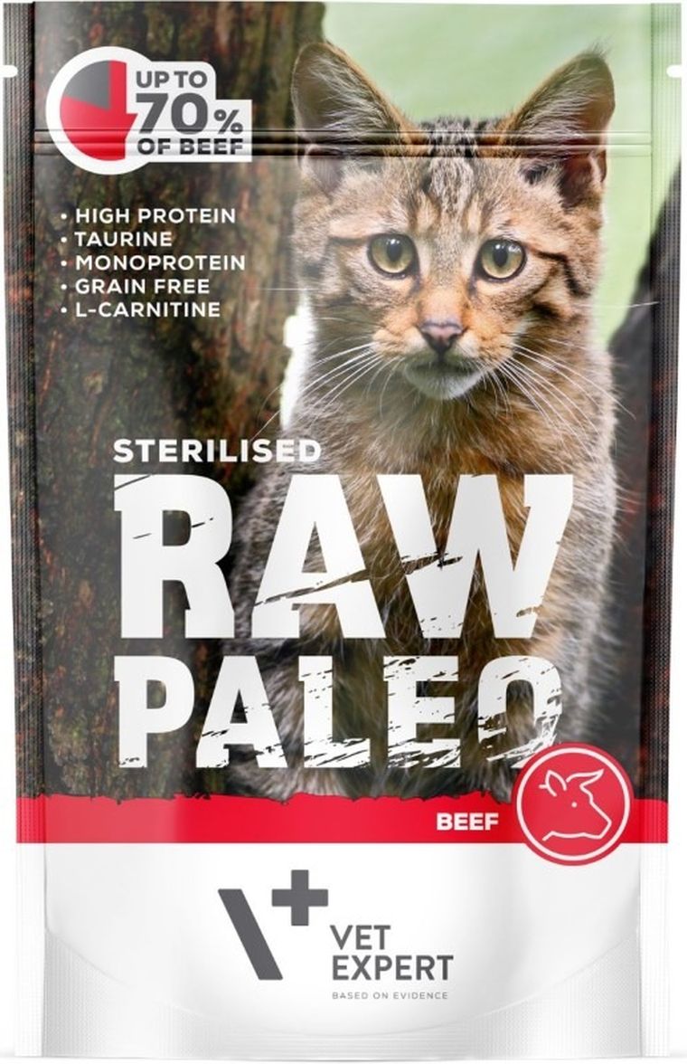 Vet Expert, Raw Paleo, Sterilised, Wołowina, saszetka dla kota, 100g