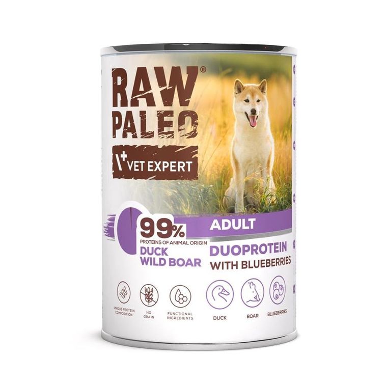 VetExpert, Raw Paleo, kaczka i dzik, Adult Can, mokra karma dla psa, 400g