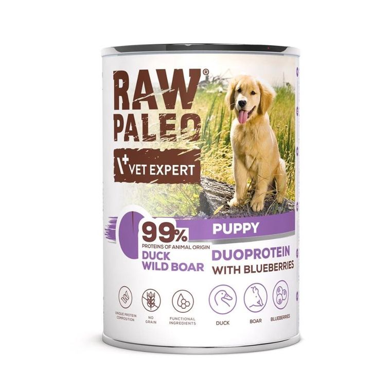 VetExpert, Raw Paleo, kaczka i dzik, Puppy Can, mokra karma dla psa, 400g