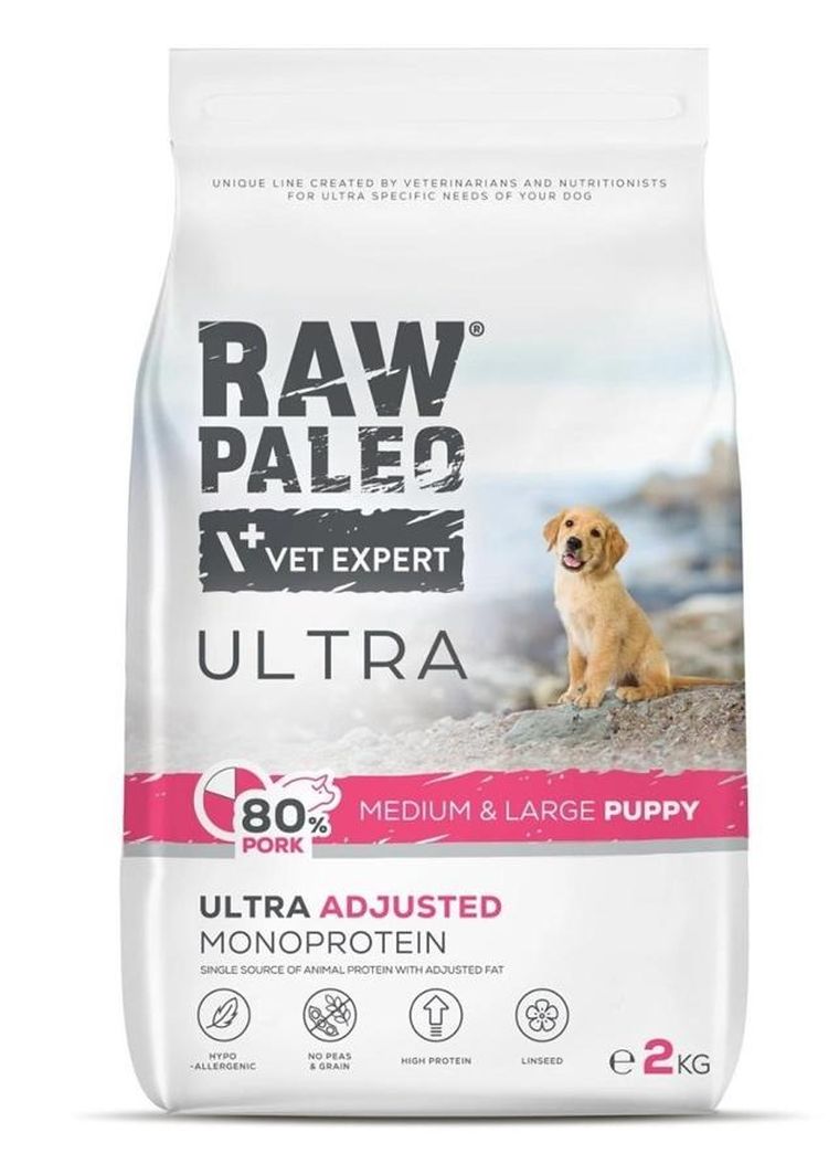 VetExpert, Raw Paleo, Ultra, wieprzowina, Medium&Large Puppy, sucha karma dla psa, 2 kg