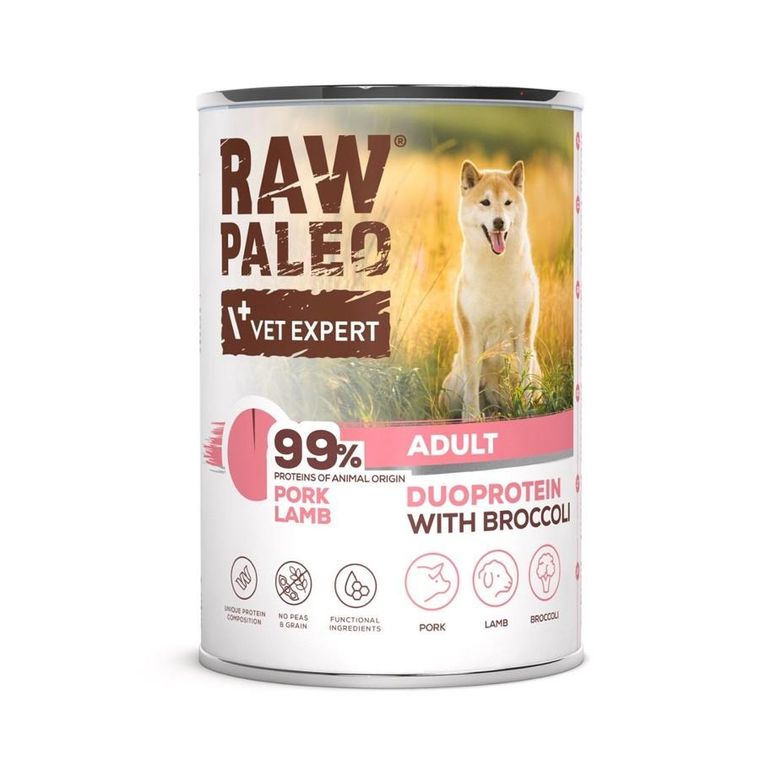VetExpert, Raw Paleo, wieprzowina i jagnięcina, Adult Can, mokra karma dla psa, 400g
