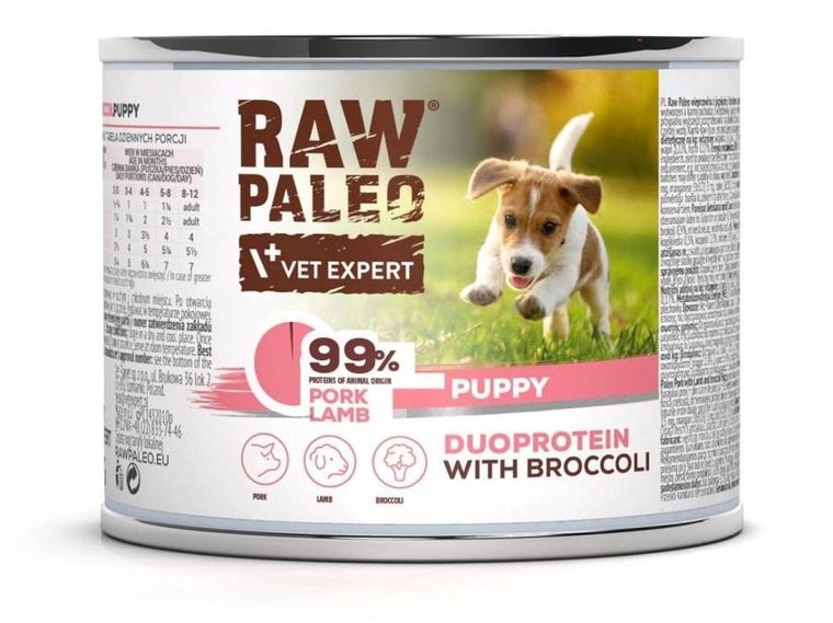 VetExpert, Raw Paleo, wieprzowina i jagnięcina, Puppy Can, mokra karma dla psa, 200g