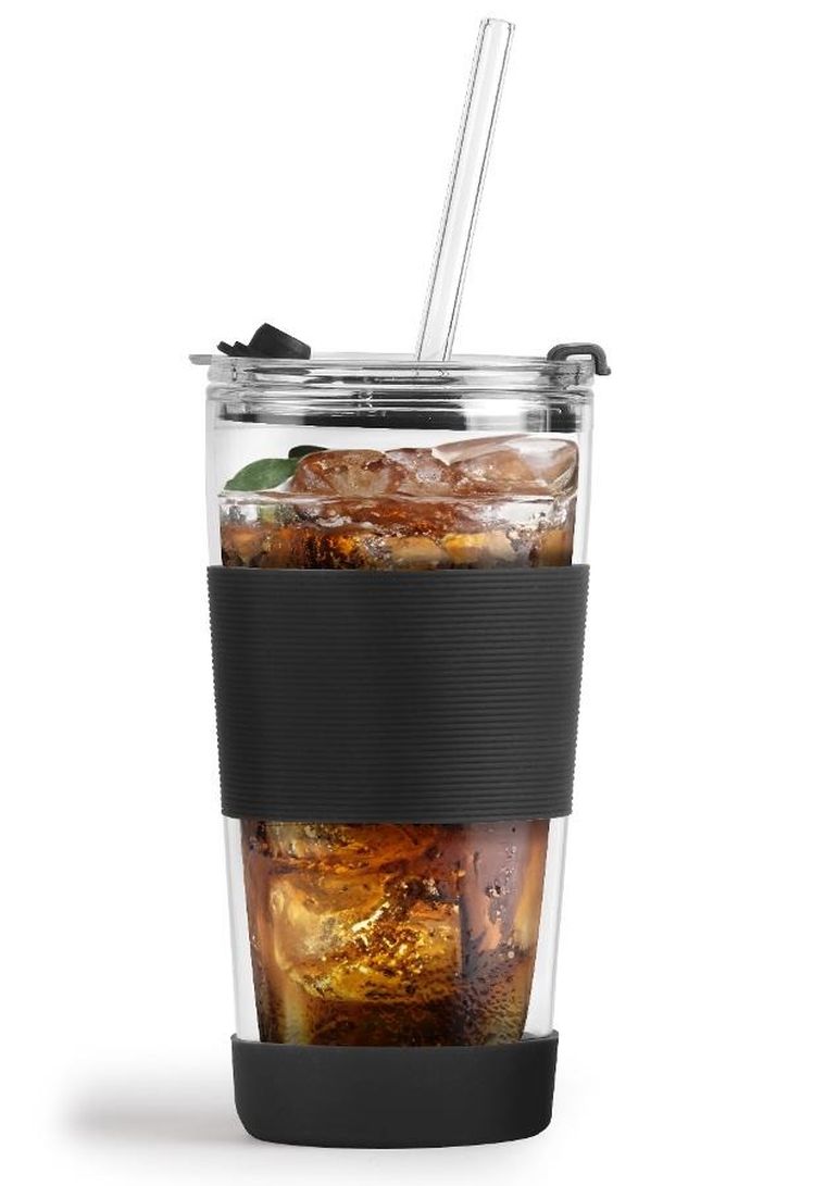 Vialli Design, kubek termiczny szklany ze słomką, 600 ml, czarny Fuori