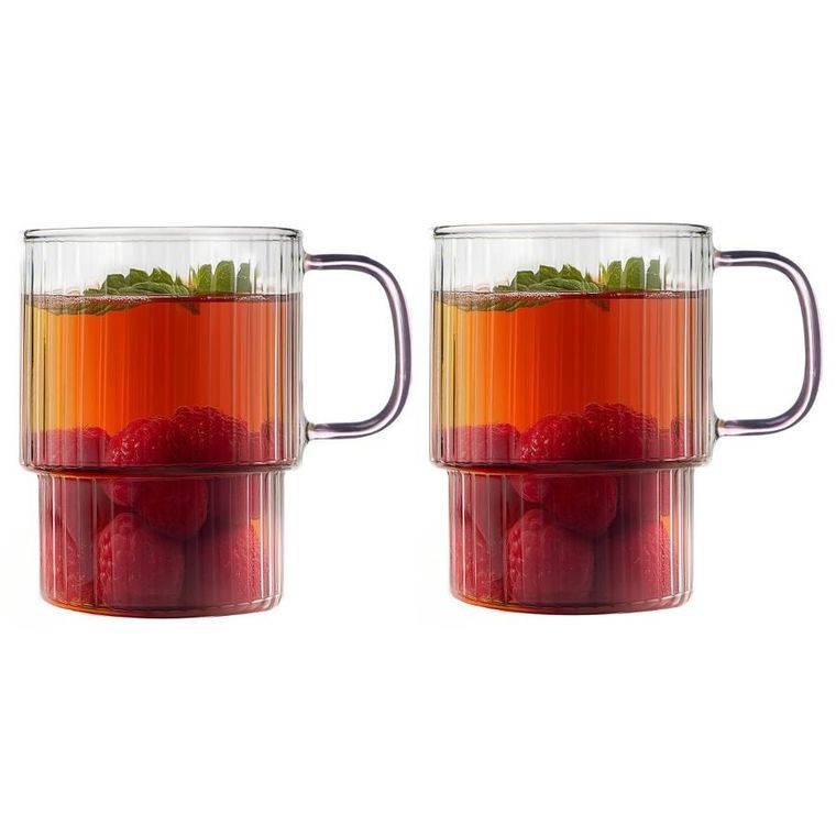 Vialli Design, Livio, szklanki ryflowane z różowym uchem, 350 ml, 2 szt.