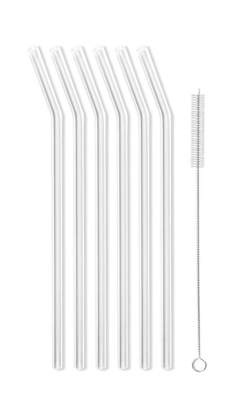 Vialli Design, słomki szklane transparent zakrzywione, ze szczoteczką, 23 cm, 6 szt.