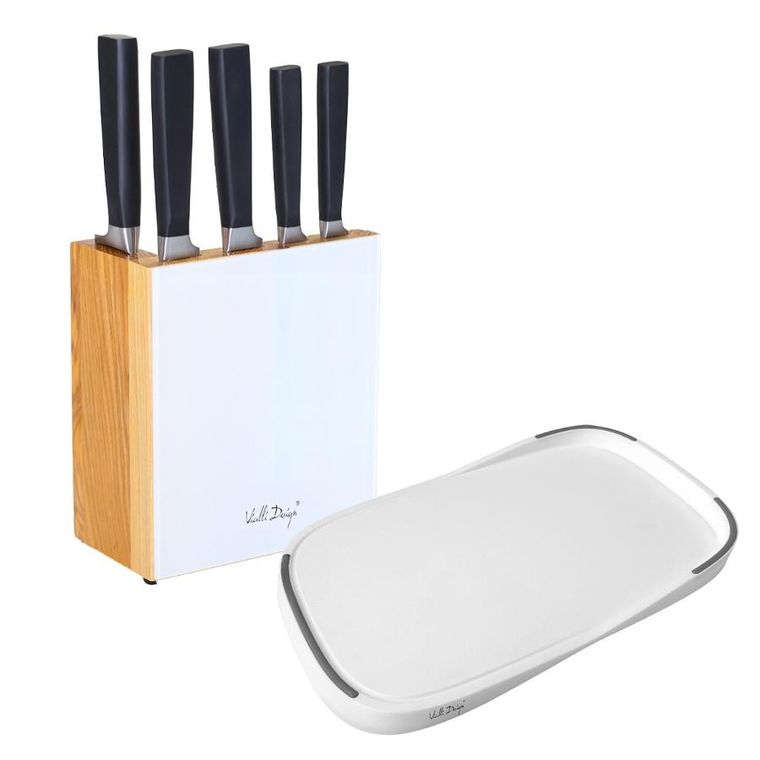 Vialli Design, zestaw 5 noży w bloku FINO z deską, Livio, biały