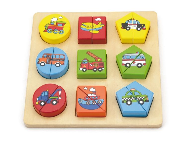 Viga, pojazdy, sorter, puzzle trójwymiarowe na podkładce