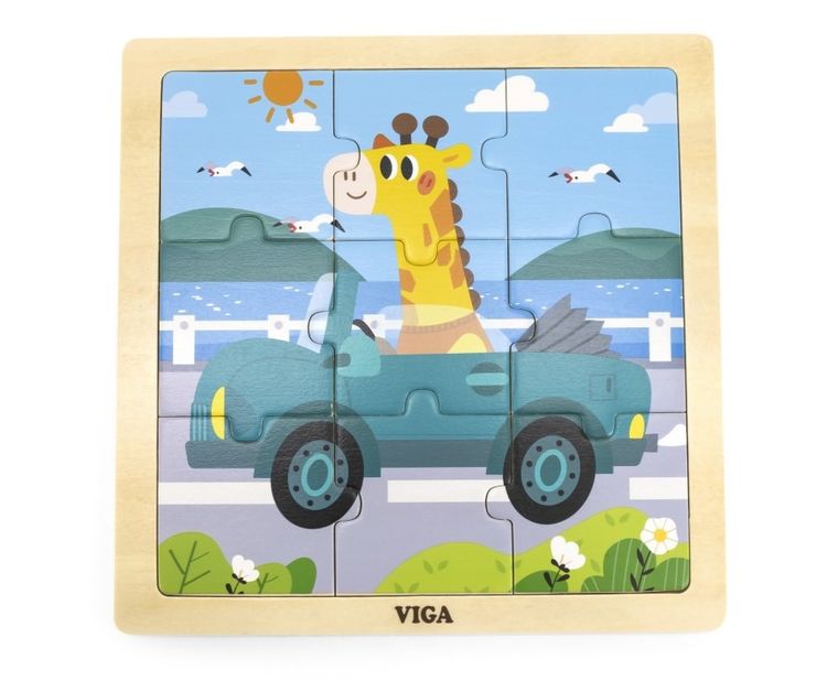 Viga, puzzle drewniane, na podkładce, auto, 9 elementów