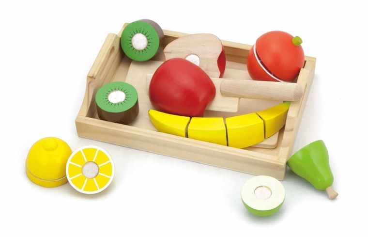 Viga Toys, owoce do krojenia na tacy, zestaw drewniany