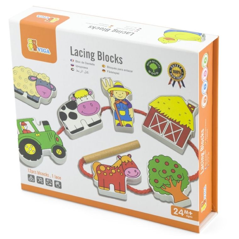 Viga Toys, Życie na farmie, klocki do nawlekania, 12 elementów