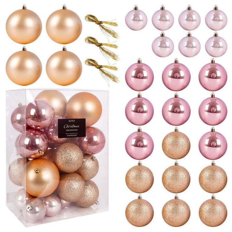 Vilde, bombki choinkowe nietłukące, różowe złote, 26 szt., 6-10 cm