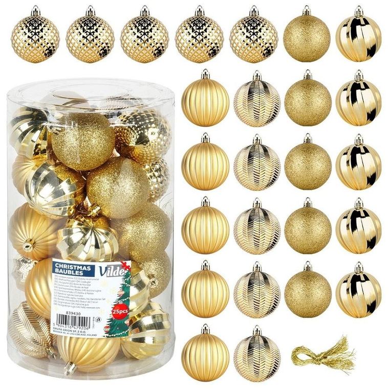 Vilde, bombki choinkowe, nietłukące, złote, 6 cm, 25 szt.
