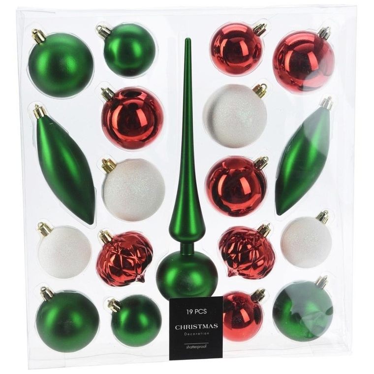 Vilde, bombki choinkowe ze szpicem, nietłukące, zielone, czerwone, białe, 19 elementów