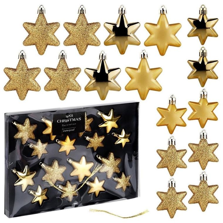 Vilde, Gwiazdki, bombki choinkowe nietłukące, złote, 6/5 cm, 16 szt.