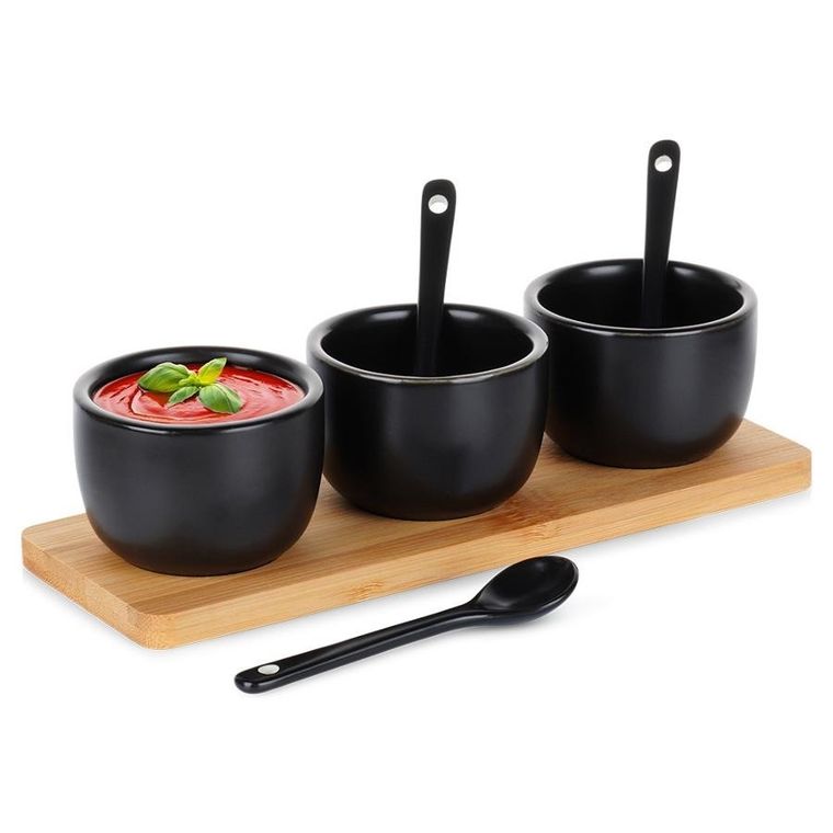 Vilde, miseczki na przekąski z łyżeczkami ceramiczne, czarne, 90 ml, 7 el.