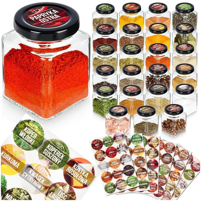 Vilde, pojemnik na przyprawy, szklany, 100 ml, 24 szt. + 90 naklejek