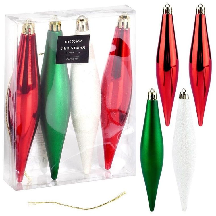 Vilde, Sople, bombki choinkowe nietłukące, czerwone, zielone, białe, 15 cm, 4 szt.