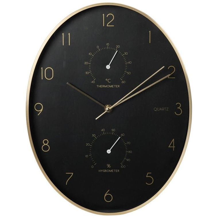 Vilde, zegar ścienny czarny złoty, z termometrem higrometrem, 27-34.5 cm