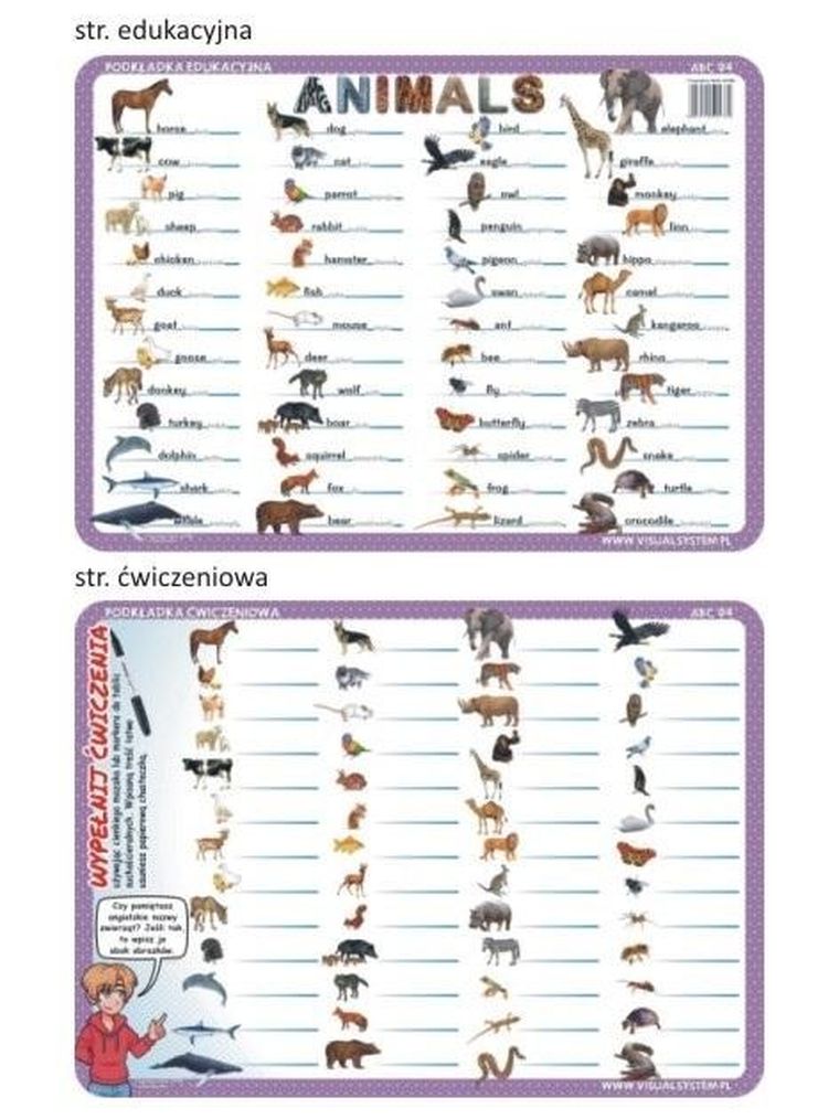 Visual System, podkładka na biurko, mata, edukacyjna, animals, język angielski