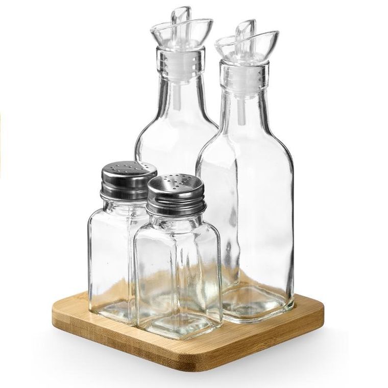 Vivalto, zestaw do przypraw i oleju z drewnianą podstawą, 4 elementy