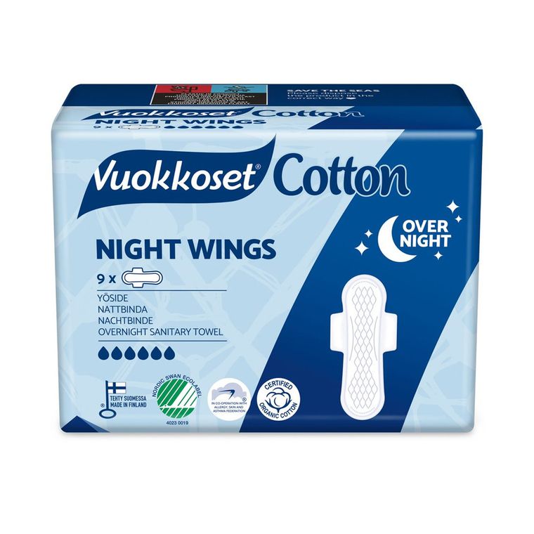 Vuokkoset, COTTON, Podpaski ze Skrzydełkami na Noc, Sensitive, 9 szt.