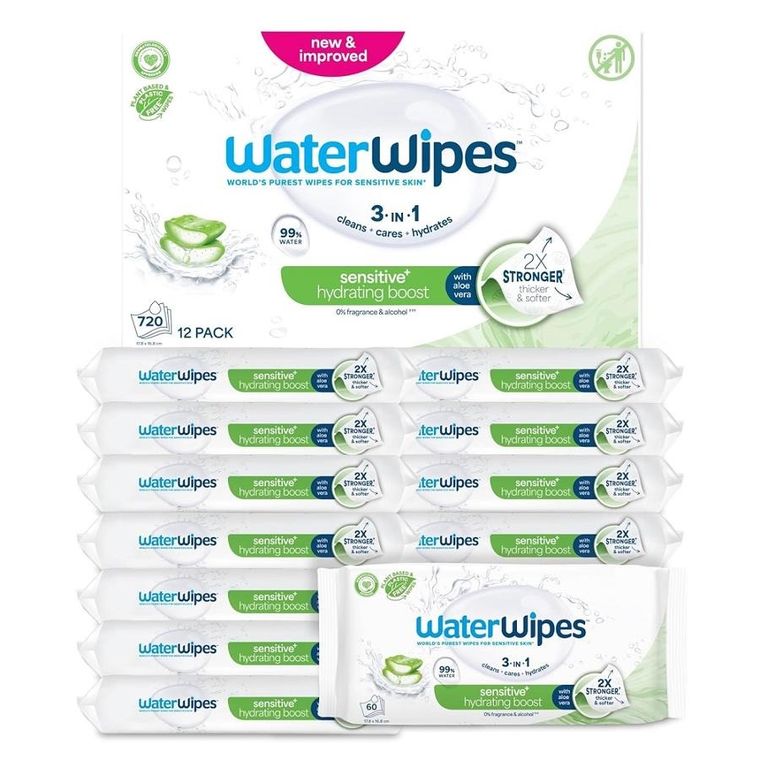 WaterWipes, Sensitive+, chusteczki łagodzące z aloesem, 12-60 szt.