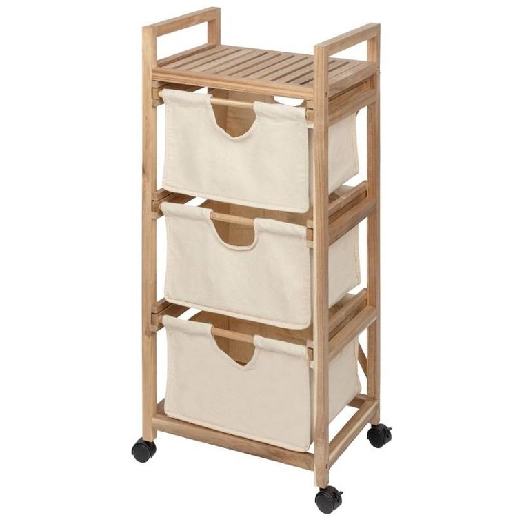 Wenko, Acina, szafka łazienkowa z trzema materiałowymi pojemnikami, drewno akacjowe