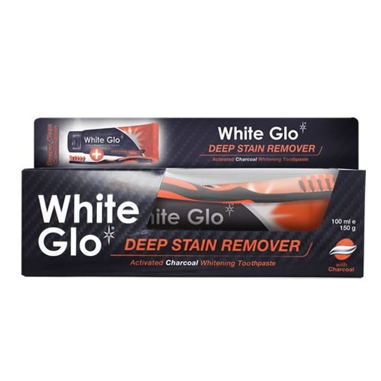 White Glo, Charcoal Deep Stain Remover, wybielająca pasta do zębów z aktywnym węglem, 100 ml, zestaw ze szczoteczką
