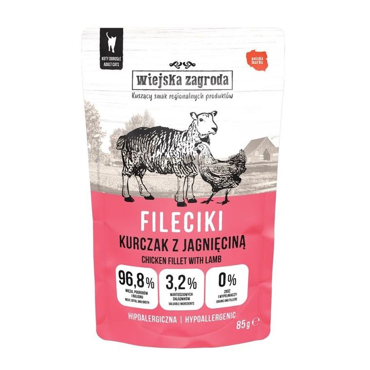 Wiejska Zagroda, Fileciki Kurczak z jagnięciną, mokra karma dla dorosłego kota, 85g, 1 szt.