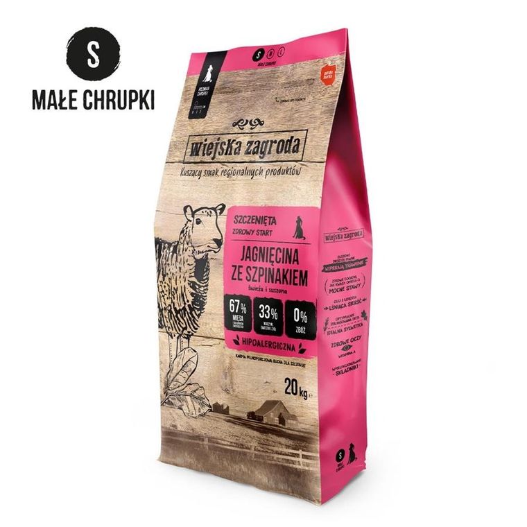 Wiejska Zagroda, jagnięcina ze szpinakiem, szczeniak, chrupki S, karma sucha dla psów, 20 kg