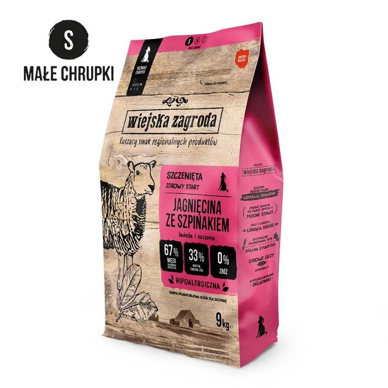 Wiejska Zagroda, jagnięcina ze szpinakiem, szczeniak, chrupki S, karma sucha dla psów, 9 kg