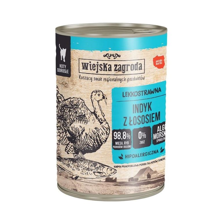 Wiejska Zagroda, karma mokra dla kota, indyk, łosoś, 400g
