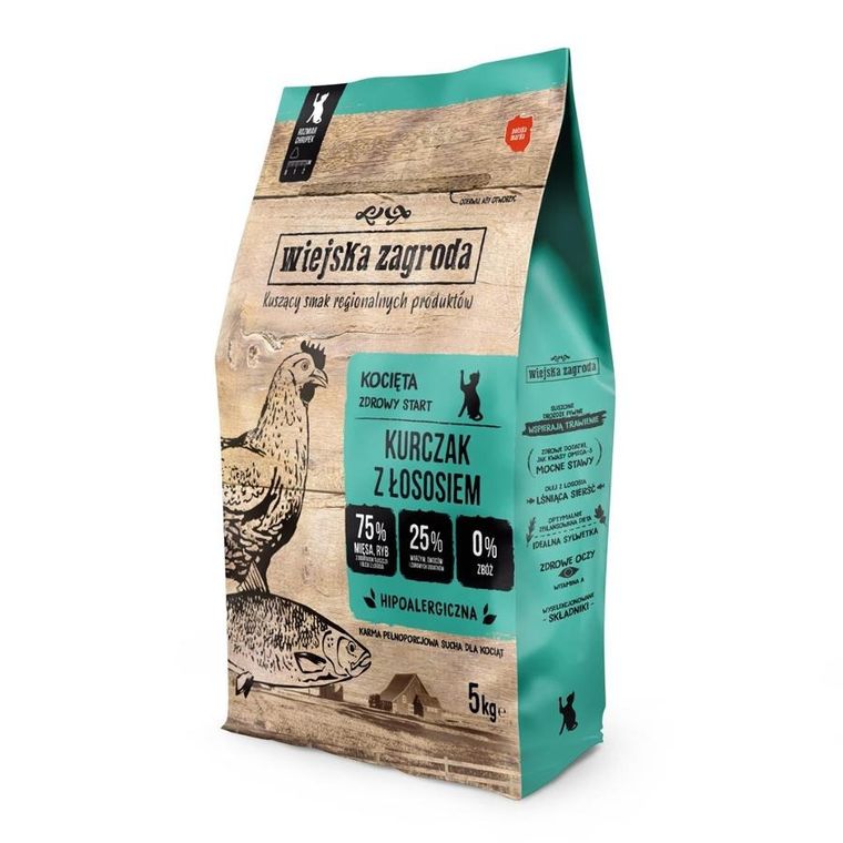 Wiejska Zagroda, Kurczak z łososiem, karma sucha dla kota, kocięta, 5 kg