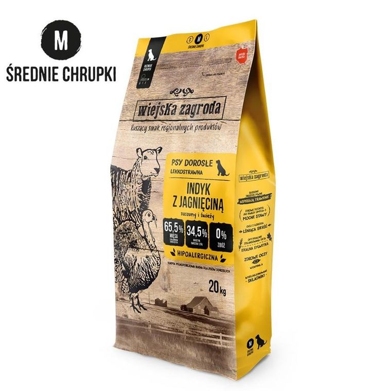 Wiejska Zagroda, sucha karma dla psa, indyk/jagnięcina, dorosły, rozmiar M, 20 kg