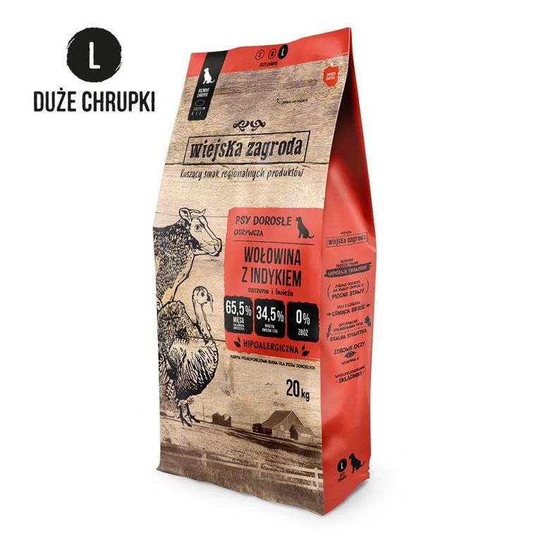 Wiejska Zagroda, sucha karma dla psa, wołowina/indyk, dorosły, rozmiar L, 20 kg