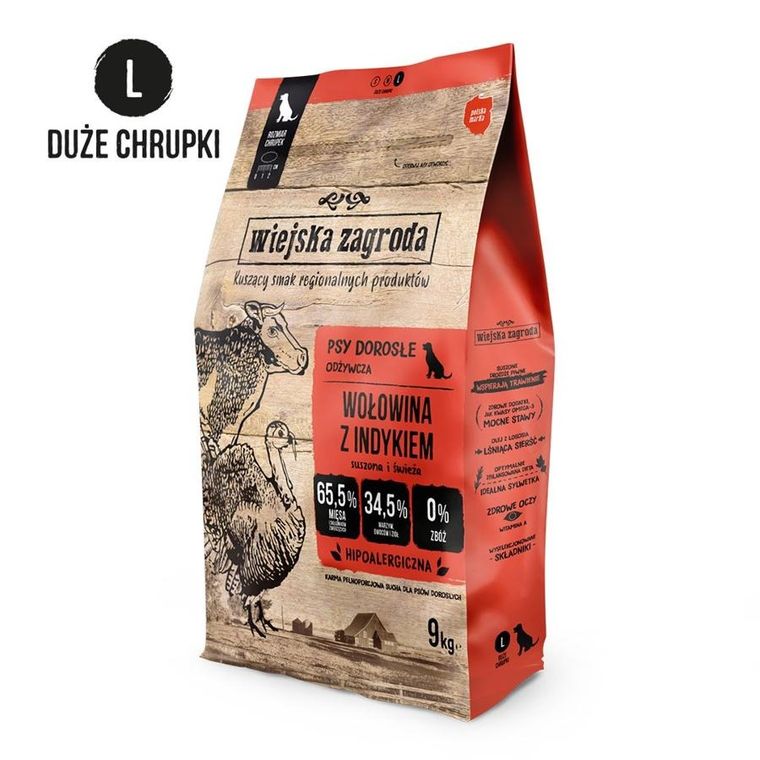 Wiejska Zagroda, wołowina z indykiem, dorosły, chrupki L, karma sucha dla psów, 9 kg