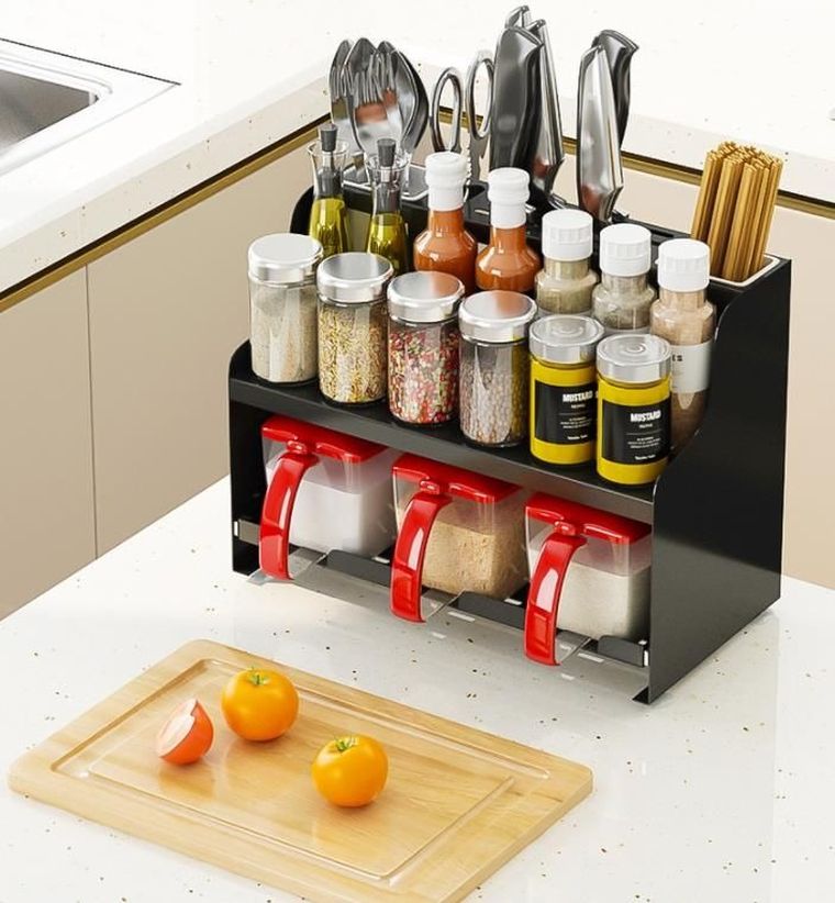 Wielofunkcyjny stojak na przyprawy kuchenne, czarny, dwupoziomowy