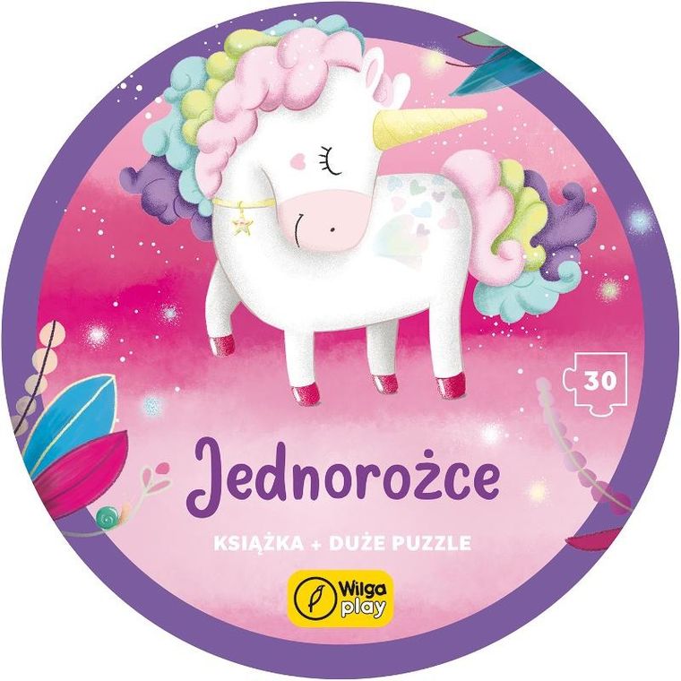 Wilga Play, Na okrągło, Jednorożce, książka + duże puzzle, 30 elementów