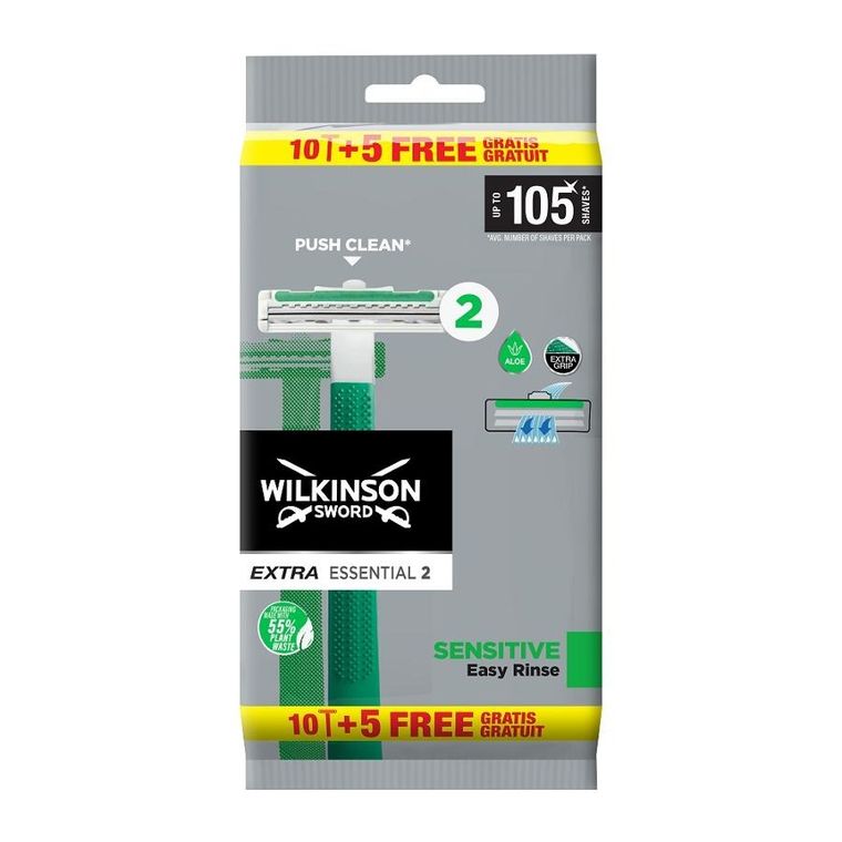 Wilkinson, Extra, Essential 2, Sensitive, jednorazowe maszynki do golenia dla mężczyzn, 15 szt.