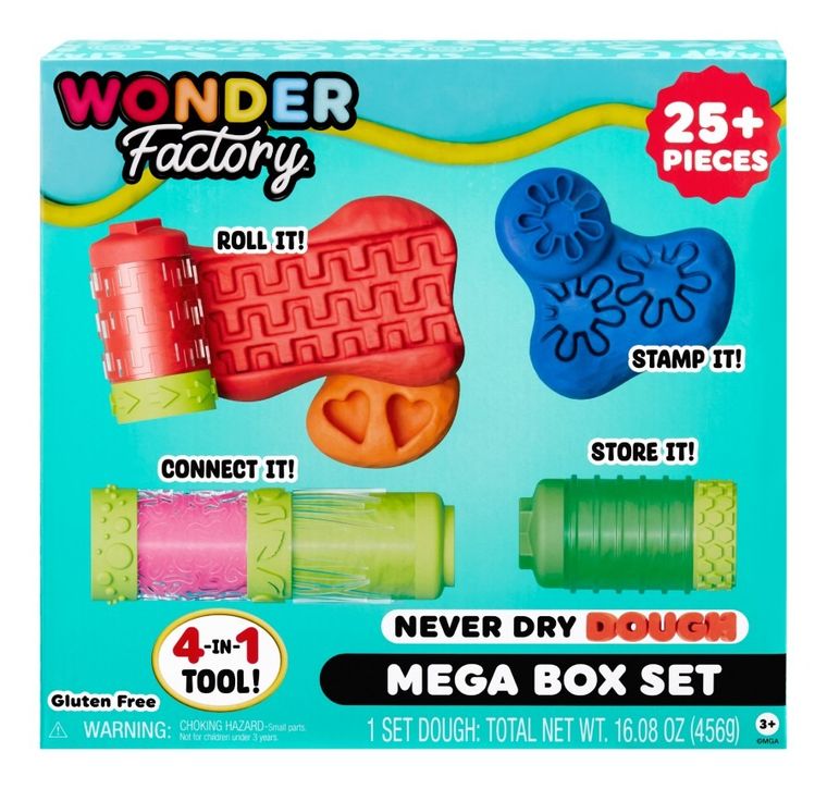 Wonder Factory, Never Dry Dough, Mega Box Set, masa plastyczna z akcesoriami, 25 elementów