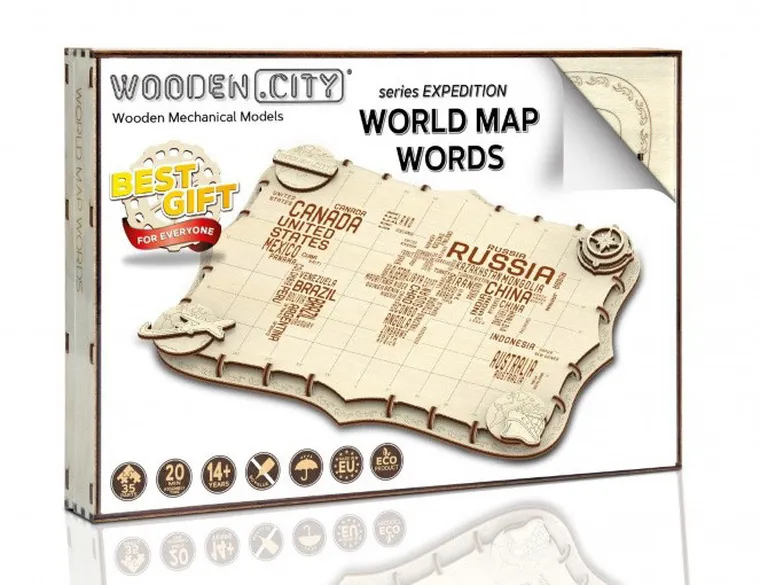 Wooden City, Expedition Series, Słowa, mapa świata, drewniane puzzle 3D