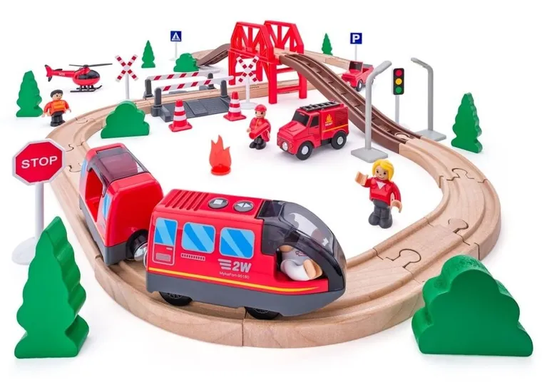 Woody, drewniana kolejka straży pożarnej, interaktywna, 60 elementów