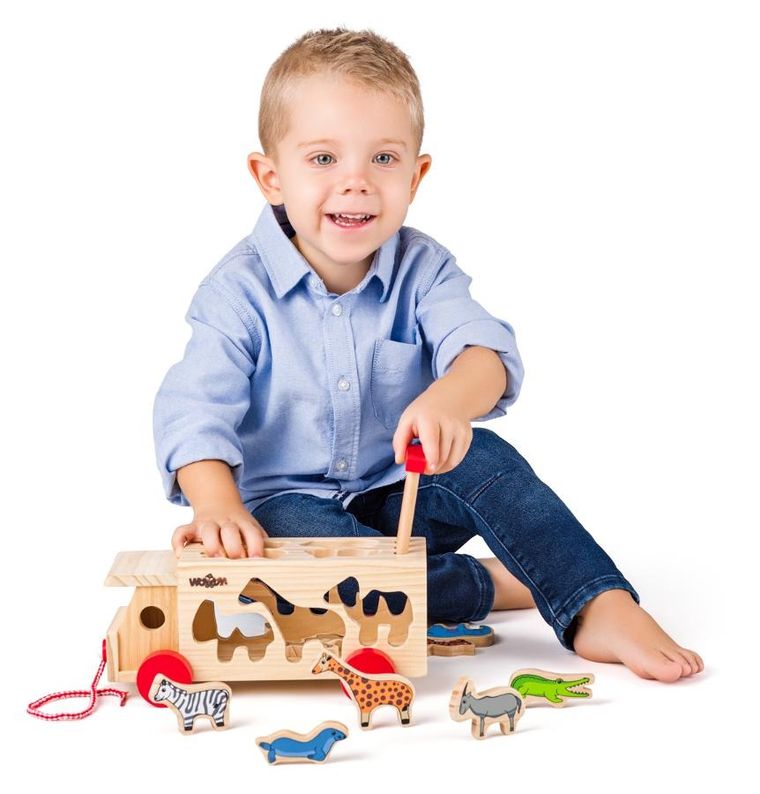 Woodyland, ciężarówka do ciągnięcia, sorter, zwierzęta, 29-18-14 cm