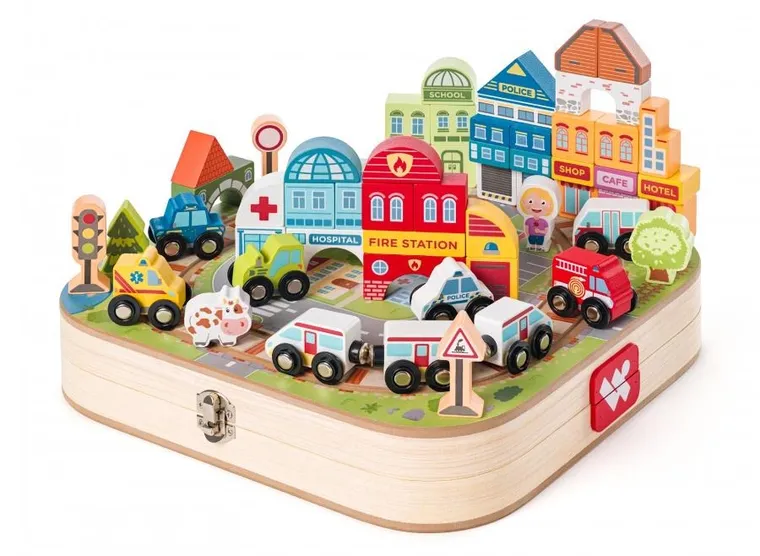 Woodyland, drewniana kolejka z miastem, walizka, 55 elementów