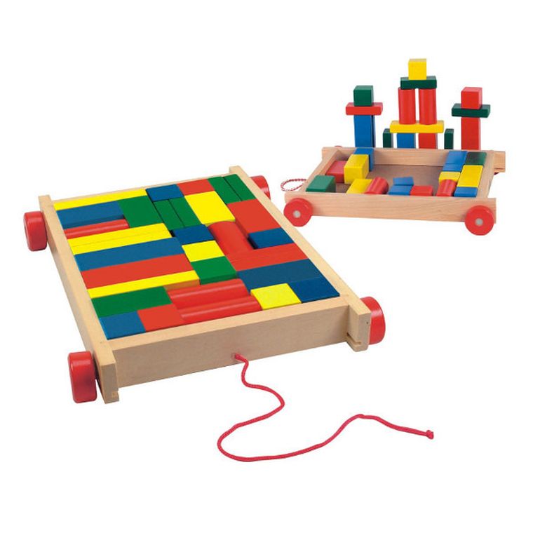 Woodyland, Zabawka drewniana, Wózek z klockami kolorowymi, 34 elementy