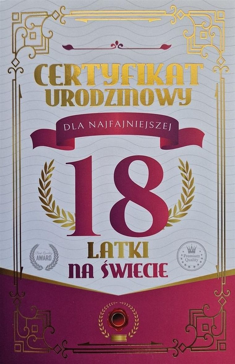 YEKU, karnet Certyfikat Urodzinowy 18 urodziny damskie