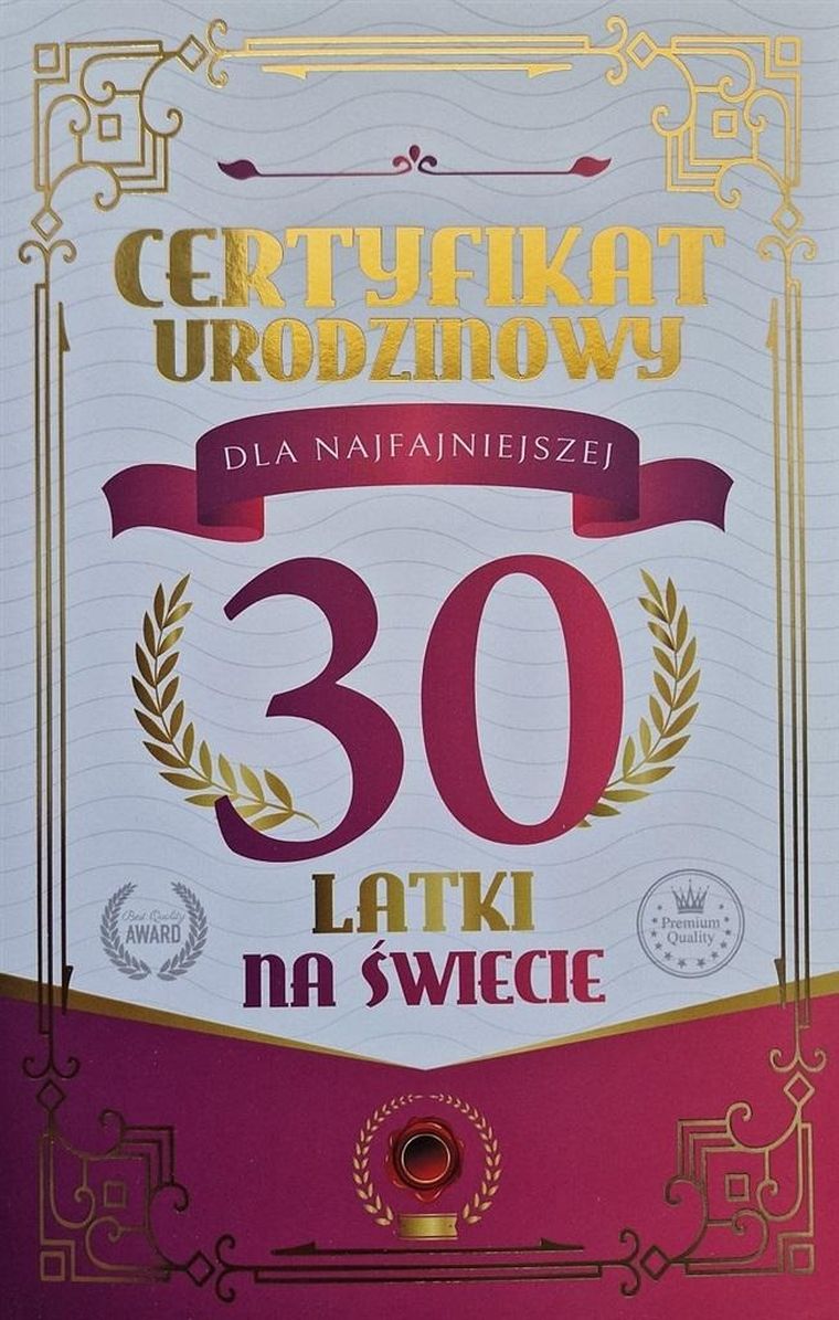 YEKU, karnet Certyfikat Urodzinowy 30 urodziny damskie