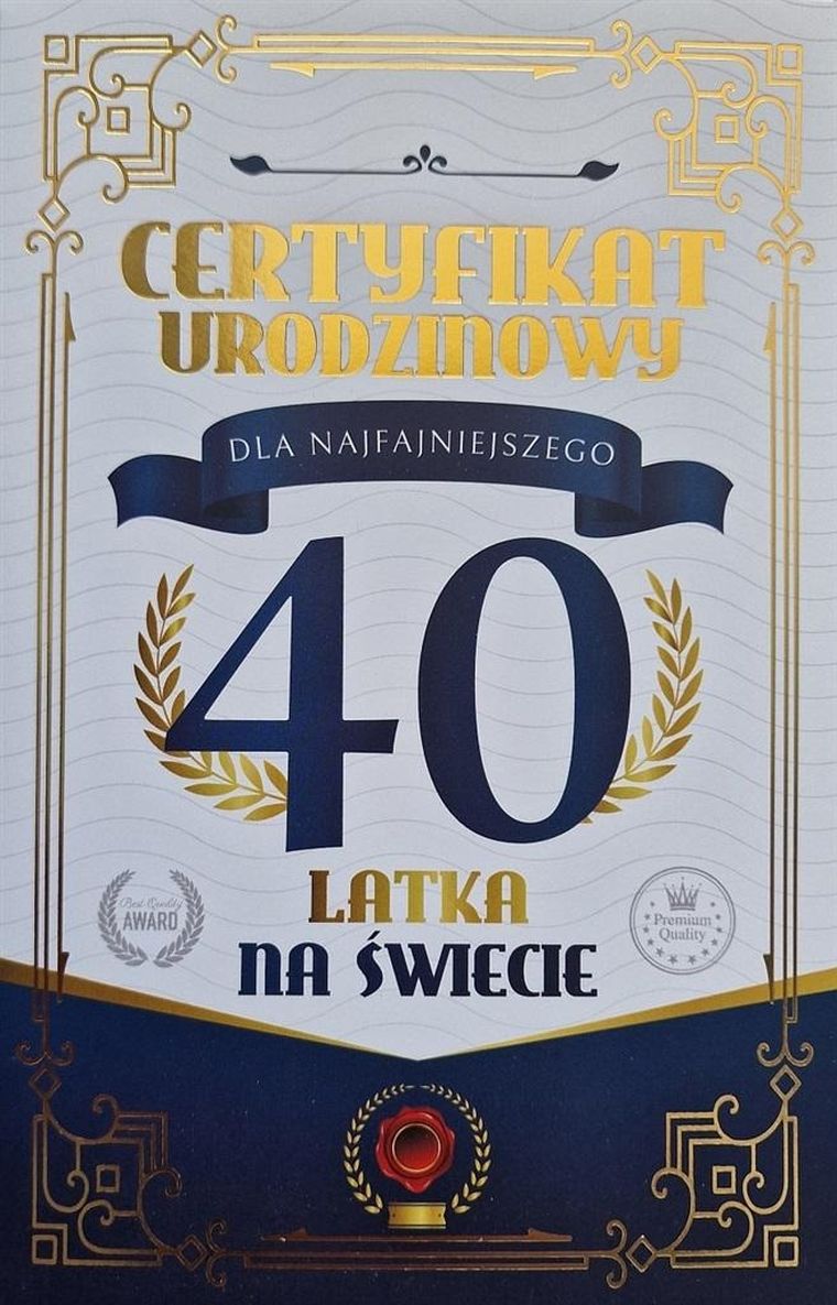 YEKU, karnet Certyfikat Urodzinowy 40 urodziny męskie